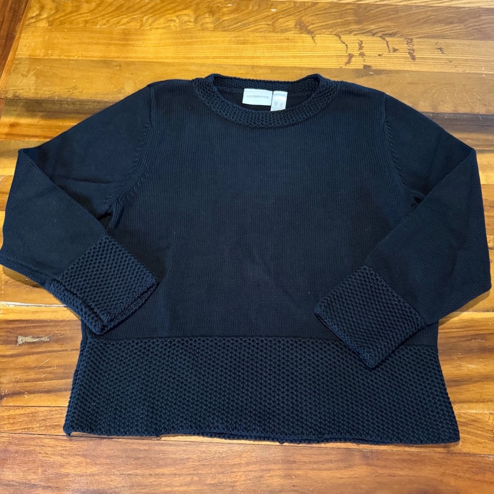 Liz Claiborne Womens XL Black Cotton Sweater Crew Neck Long Sleeve Mixed Knit